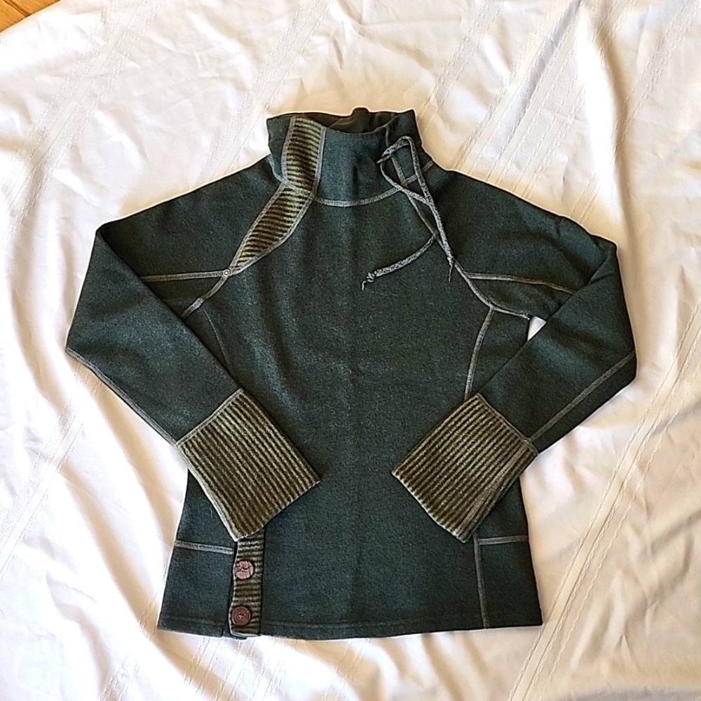 Prana Army green funnel neck sweater with accents